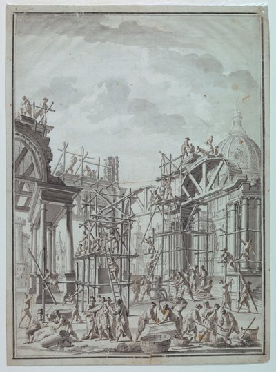 Tegning, arbejdere, der bygger arkader, ca. 1740 af Unknown artistUnknown artist