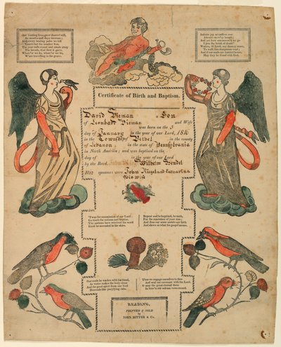 Fraktur, dåbsattest [fødselsattest], 1816 af Unknown artistUnknown artist