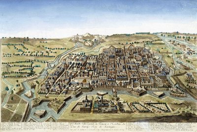 Gravering fra det 18. århundrede, der repræsenterer byen Torino. af Unknown artist