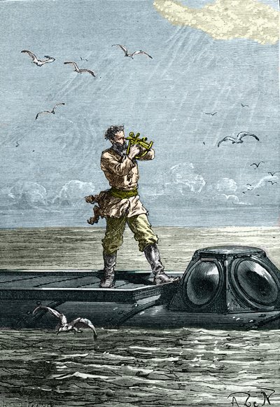 20.000 ligaer under havet. Kaptajn Nemo på ubåden "Nautilus". Illustration fra Jules Vernes roman "Tyve tusinde ligaer under havene" (Tyve-tusind - 20.000 - 20.000) af Unknown artist