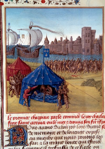 8. korstog: Saint Louis (Louis IX) (1214/1215-1270) død fra pesten i Tunis. Miniature taget fra "" Le livre des faits de Monseigneur Saint Louis""" Paris fra det 15. århundrede, B.N. af Unknown artist