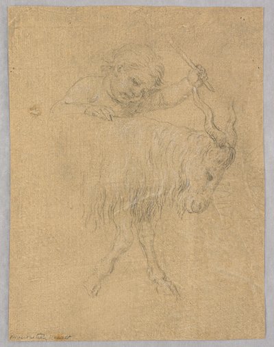 En dreng, der kører en ged af Unknown artist