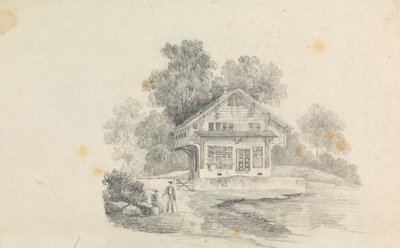 En hytte med to figurer foran af Unknown artist