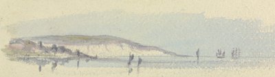 En kystlinje med skibe til søs af Unknown artist