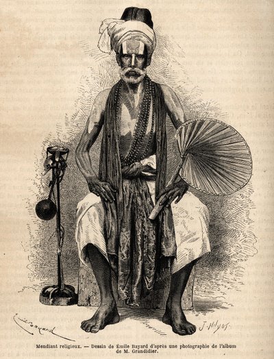 En hinduistisk religiøs tigger. Gravering til illustration af rejsen i Indiens meridionalprovinser, af Alfred Grandidier, i 1862-1864, udgivet i "" Le tour du monde""" 1869, redigeret af Edouard Charton, udgave Hachette, Paris. Selva samling. af Unknown artist