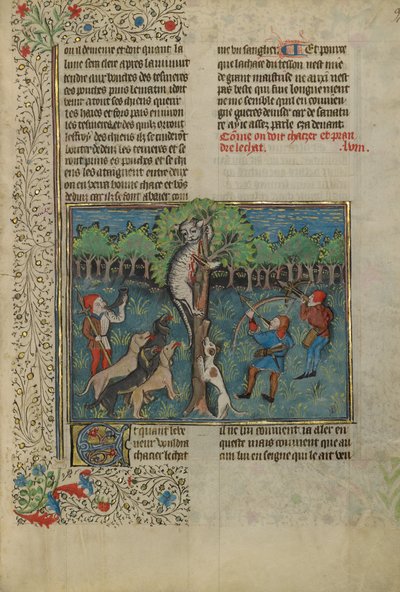 En jæger og hunde angriber en vildkat i træ af Unknown artist