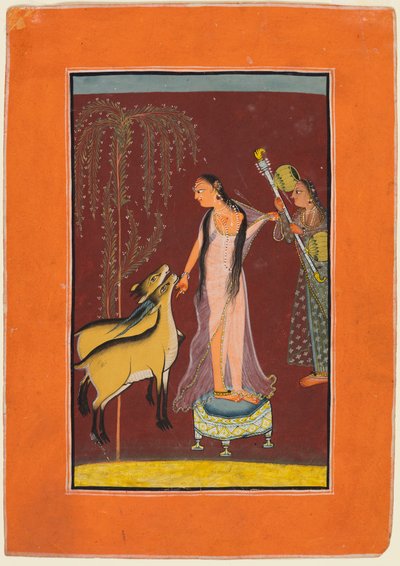 En dame med ledsager og et par hjorte: Sandsynligvis Gujari Ragini fra Dipak, fra en Pahari Ragamala af Unknown artist