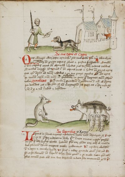 En mand med et sværd og en hund med et ben; en ulv og en gris af Unknown artist