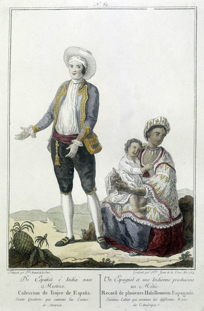 En spanier og en indianer føder en Métis - gravering af Unknown artist