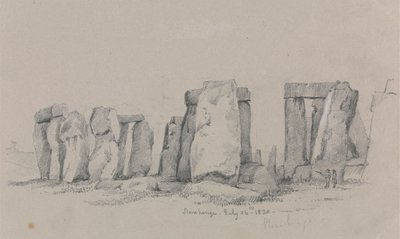 En udsigt over Stonehenge med to figurer i forgrunden af Unknown artist