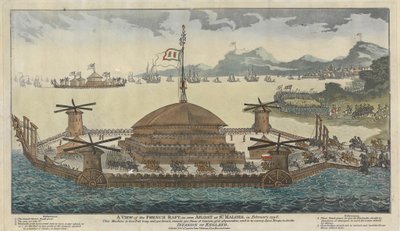 En udsigt over den franske tømmerflåde, som det ses flydende ved St. Maloes i februar 1798. Maskinen er 600 fod lang og 300 bred, monterer 500 stykker kanon, 36 og 48 pund og skal transportere 15.000 tropper og til invasionen af England. af Unknown artist
