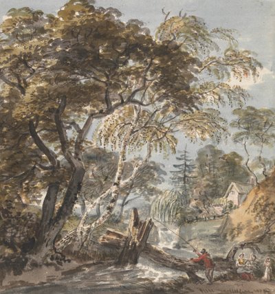 En skovstrøm med lystfisker af Unknown artist