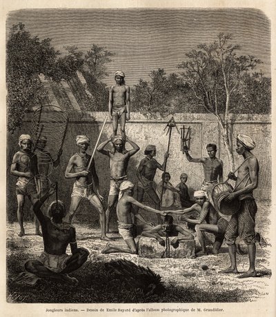 Et band af indiske jonglører. Gravering til illustration af rejsen i Indiens meridionalprovinser, af Alfred Grandidier, i 1862-1864, udgivet i "" le tour du monde"", under ledelse af D