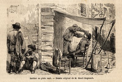 En barber i vinden i Roms gader. Gravering til illustration af rejsen til Rom, af Francis Wey, i 1864-1868, offentliggjort i "Le tour du monde, nouveau journal des voyages", under ledelse af Edouard Charton af Unknown artist
