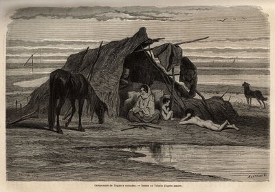 En lejr af nomadiske sigøjnere på sletterne i det nordlige Bosnien. Gravering for at illustrere minderne om rejser blandt de sydlige slaver, af Georges Perrot, i 1868, udgivet i "" Le tour du monde"" 1870-1871, redigeret af Edouard Charton, udgave Hachette af Unknown artist