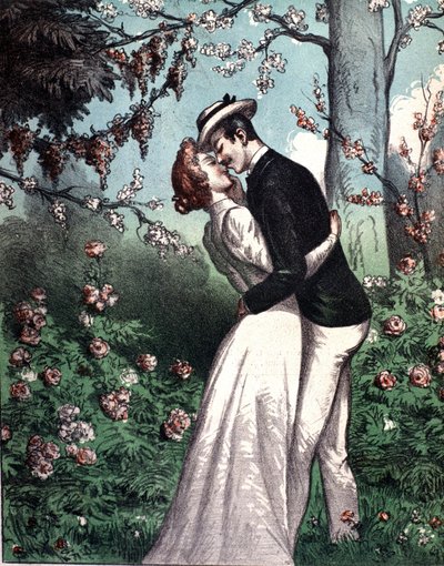 Et par kærester giver sig selv et kys. af Unknown artist