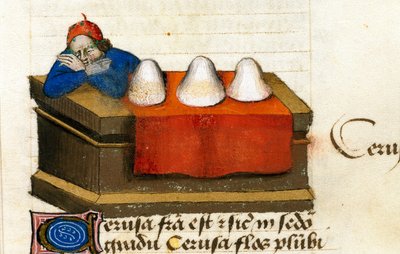 En hjortehandler, bruger til kosmetik Beskrivelse af lægeplanter og hvordan man forbereder dem. Manuskriptside "" Godbidder på urter"" (Tractatus de herbis) af Pedanius Dioscorides (Dioscorides) (40-90 e.Kr.) Lat.1152 af Unknown artist