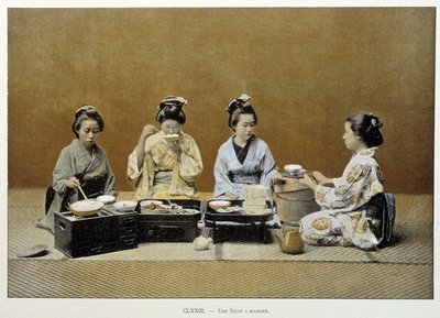 En spisestue i Japan: kvinder, der spiser ris med spisepinde, og en af dem serverer te - n.d. slutningen af det 19. århundrede af Unknown artist