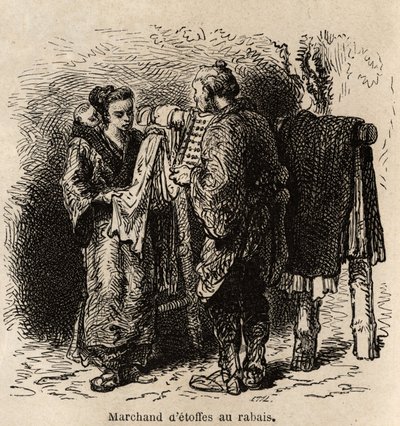 En forhandler af rabatklude fremstiller artiklen til en ung kvinde, der bærer sit lille barn på ryggen. Indgravering til illustration af rejsen til Japan af Aime Humbert, minister for det schweiziske forbund, i 1863-1864, udgivet i "" le tour du monde" und af Unknown artist