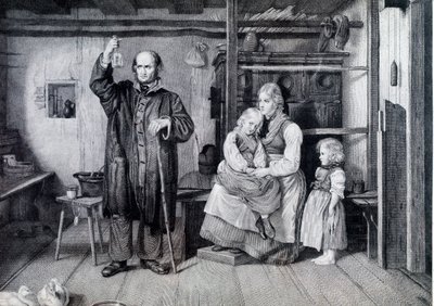 En læge, der undersøger en flaske, sandsynligvis et hætteglas med urin, under et besøg hos en mor og hendes to børn, der lever i fattigdom (gravering) af Unknown artist
