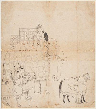 En tegning af Caparisoned Elephant and Horses af Unknown artist