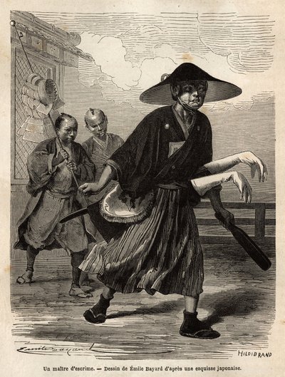 En fægtemester, efterfulgt af to hjælpere, der bærer sit materiale, fører mesteren sine hvide handsker over ærmerne på sine sværd. Indgravering til illustration af rejsen til Japan i 1863-1864 af Aime Humbert, minister for Det Schweiziske Forbund, i "" Le  af Unknown artist