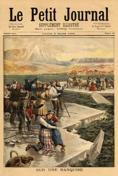 En enorm isblok bryder fra fastlandet ved Helsingfors (den sydlige Finske Bugt) og tager over 500 mennesker og 20 heste ud i det åbne hav. Indgravering i "" Le petit journal"" 5/03/1894. Selvas samling. af Unknown artist