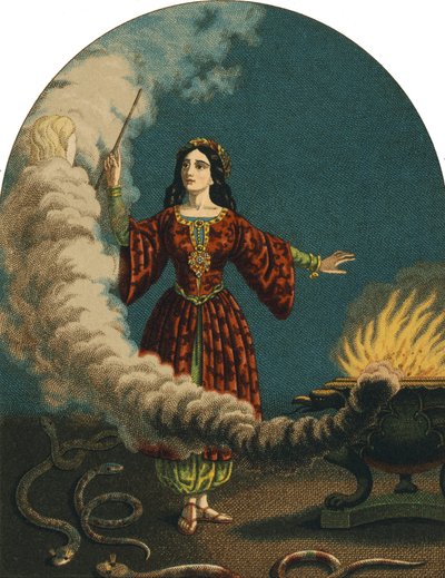 En tryllekunstner (heks), der forbereder sortileges med en tryllestav, en kedel og slanger. Stik fra 1852 af Unknown artist