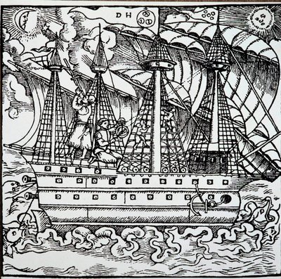 En navigator på en portugisisk karavel ved hjælp af en astrolabium. Gravering fra den tyske navigatør Hans Stadens rejsehistorier (1525-1579) af Unknown artist
