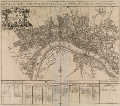 En plan over byen London, Westminster, bydelen Southwark og floden Themsen af Unknown artist