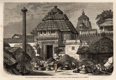 En populær gåtur foran hovedporten til Djaghernaut-pagoden (bygget omkring 1200), en hellig by og pilgrimsrejsested i det sydlige Bengal. Gravering til illustration af rejsen i Indiens meridionalprovinser, af Alfred Grandidier, i 1862-1864, udgivet af Unknown artist