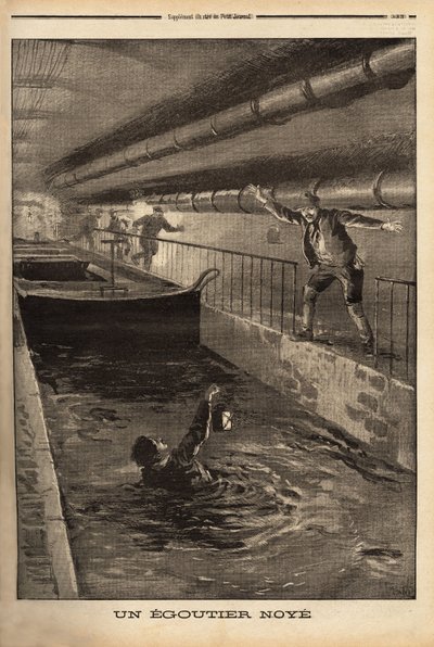 En segutter fra Paris druknes ved at rense en fanagtig afledning. Indgravering i "" Le petit journal"" 15/9/1899. Selva samling. af Unknown artist