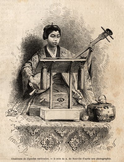 En sanger af nationale legender, der spiller shamisen for at akkompagnere sin sang, sidder bag sit skrivebord. Indgravering til illustration af rejsen til Japan i 1863-1864 af Aime Humbert, minister for Det Schweiziske Forbund, i "Le tour du monde, nouveau af Unknown artist