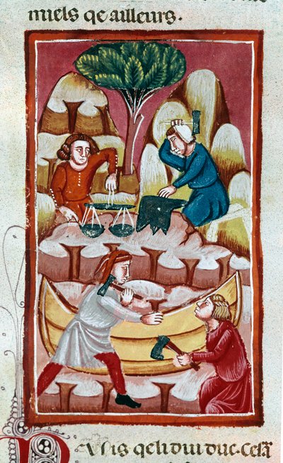 En handelsmand, der bruger en vægt, en smed, der slår på en ambolt, to arbejdere, der arbejder på en båd på et skibsværft. Miniature taget fra "" The Facts of the Romans""" Venedig fra det 13. århundrede, biblioteca Marciana af Unknown artist