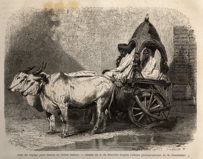 En rejsetank fyret af to hvide okser, for damer eller hinduer velhavende. Gravering til illustration af rejsen i Indiens meridionale provinser, af Alfred Grandidier, i 1862-1864, udgivet i "" le tour du monde" under ledelse af D