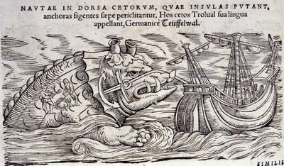 En hval forvekslet med en ø. To personer tænder bål på ryggen af et marinemonster. Gravering n Historia Animalium af Conrad Gesner (1516-1565), Tiguri af Unknown artist