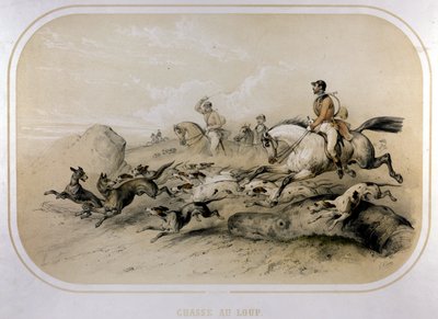 En ulvejagt. 1800-tals gravering. af Unknown artist