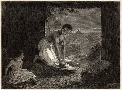 En kvinde maler korn i en brænder, møllen består af en stationær blok af granit i form af et trug og et stykke kvarts konveks. Indgravering til illustration af Dr. Livingstones første rejser til det sydlige Afrika fra 1840 til 1856, i "Le tour du monde af Unknown artist
