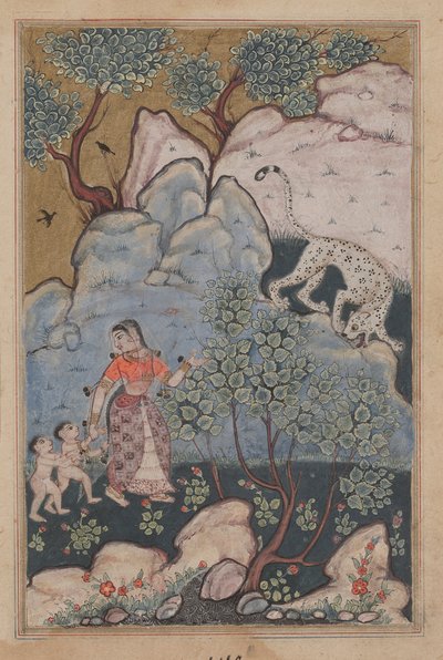 En kvinde med to børn, der har forladt sit hjem, går ind i skoven, hvor hun støder på en leopard, fra en Tuti-nama (Fortællinger om en papegøje): Thirtyth Night af Unknown artist
