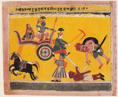Bortførelse af Rukmini: Krishna bandt hænderne på Rukma, fra en Bhagavata Purana af Unknown artist