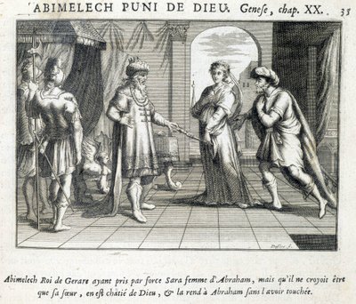 Abimelek giver Sara til Abraham - Bibel, gravering af Unknown artist
