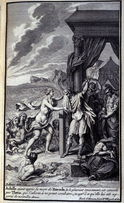 Achilles, der har hørt om Patrokles død og græder ham bittert, bliver trøstet af Thetis, som formanede ham til ikke at kæmpe, indtil hun bragte ham nye våben." Illustration af bog XVIII af Iliaden af Homere, fransk udgave af Unknown artist