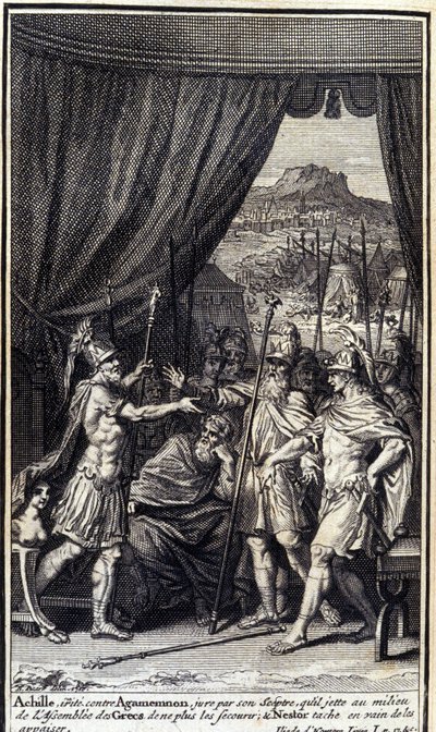 Achilleus, irriteret mod Agamemnon, sværger ved sit scepter, at han kaster midt i grækernes forsamling for ikke at hjælpe dem; og Nestor pletter forgæves for at formilde dem. Illustration af bog I af Iliaden af Homere, fransk udgave af Unknown artist
