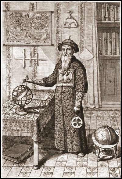 Adam Schall, astronom (1592-1666) i Mandarin -kostume, med jordbunden og himmelsk kloder og astrolabe - i “Kina” af Athanase Kircher (eller Athanasius Kircheri) af Unknown artist
