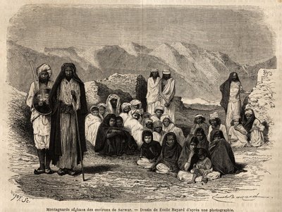 Afghanske Montagnards nær Sarwar. Gravering til illustration af rejsen til Panjab og Kashmir, historie af Guillaume Lejean, i 1866, offentliggjort i "Le tour du monde, nouveau journal des voyages", under ledelse af Edouard Charton af Unknown artist