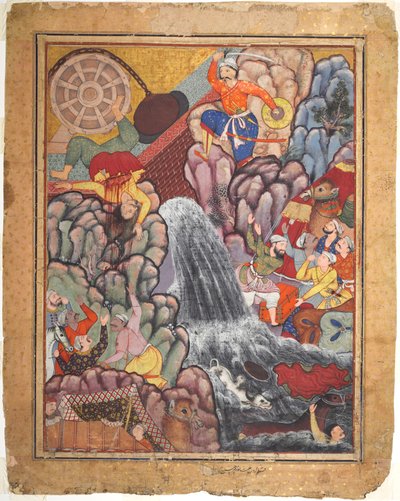 Alamshah, der spalter kæden på hjulet, fra bind 11 af en Hamza-nama (Adventures of Hamza) af Unknown artist