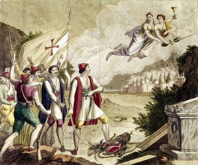 Allegori om genopvågningen af den nationalistiske følelse af Grækenland under osmannisk dominans, som førte til den græske uafhængighedskrig (1821-1830) eller den græske revolution. af Unknown artist