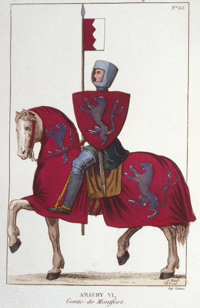 Amaury VI, greve af Montfort (v.1192-v. 1241), mistede en del af erobringerne af sin far Simon IV Fortet og afstår sine rettigheder mod syd til kongen af Frankrig, Ludvig VIII. Stik fra 1830. af Unknown artist