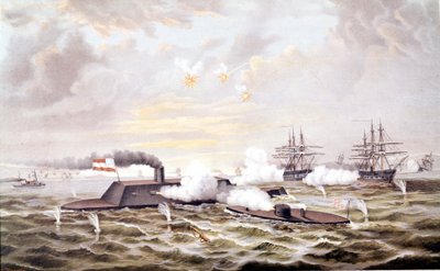 Amerikansk borgerkrig (1861 - 1865): Søslaget ved Hampton Roads (Virginia) 8-09 marts af Unknown artist