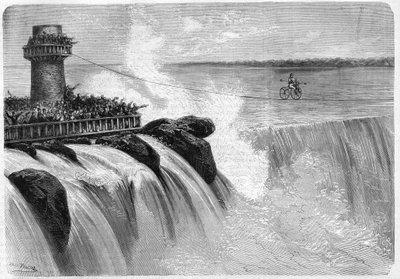 Amerikanske Jenkins krydser Niagara Falls på en Velocipede i 1869. af Unknown artist